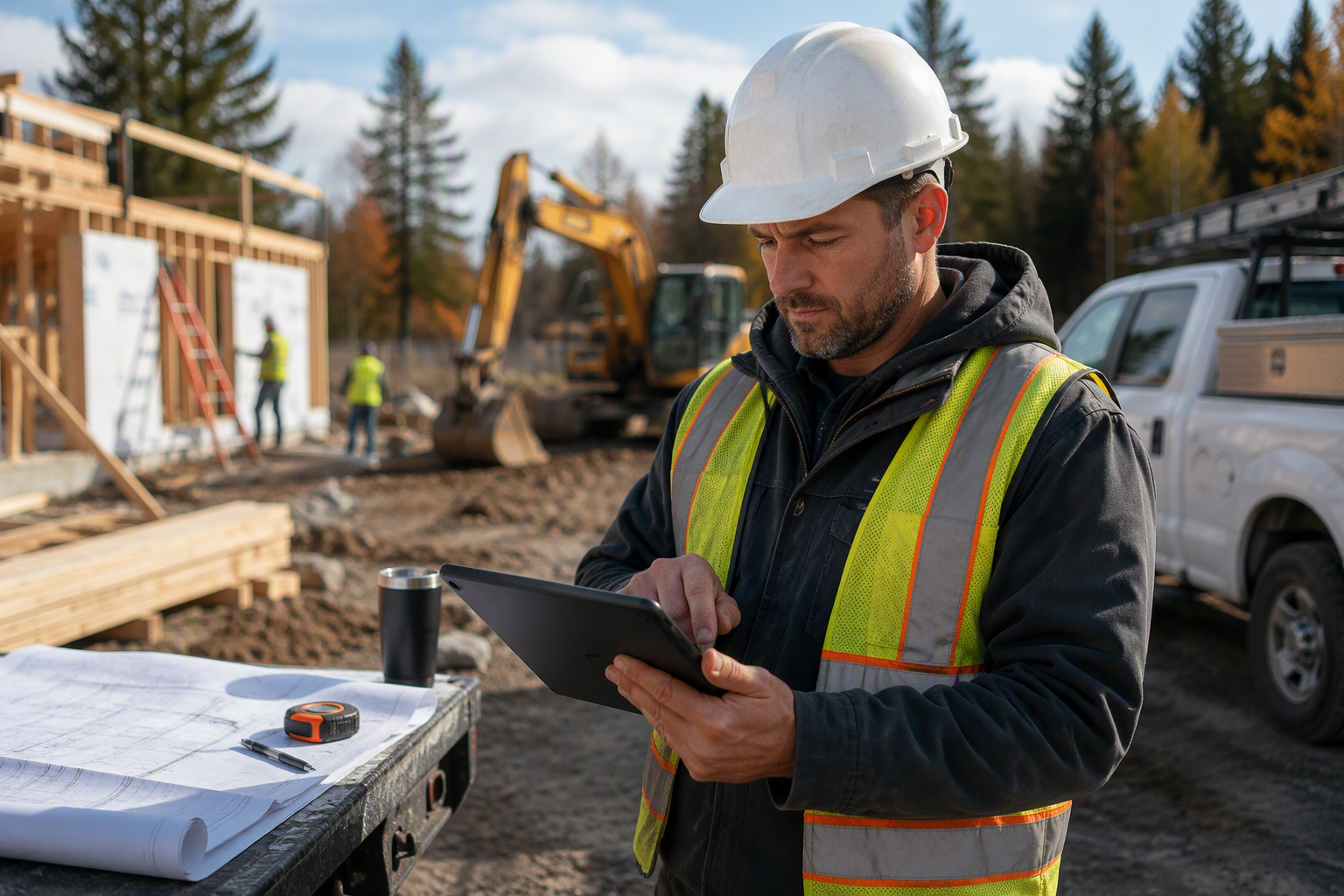 Contractor in a hard hat and safety vest using a tablet at a Maine job site