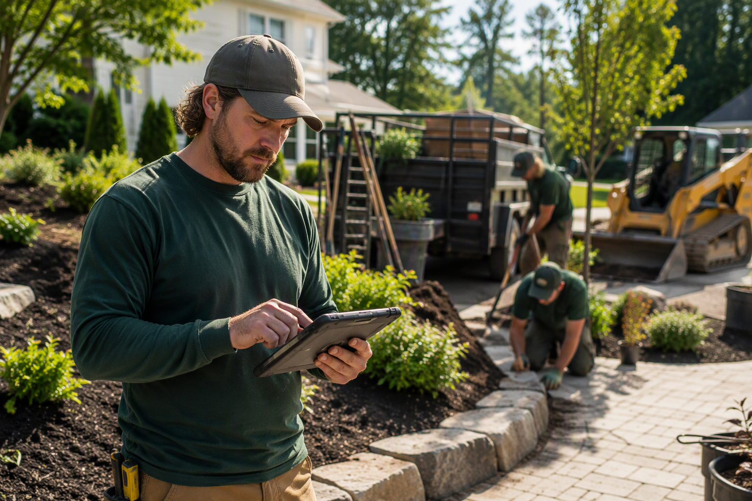 Landscaping contractor using a tablet on a residential job site while crew installs plants and hardscaping