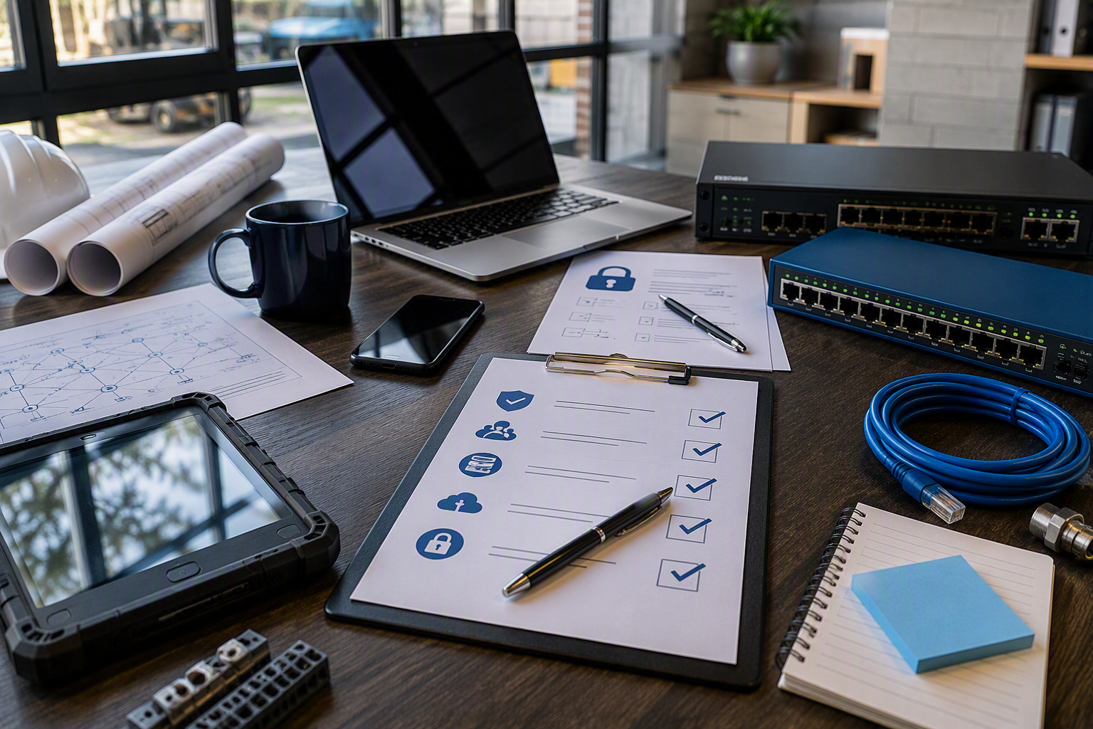 Technology assessment checklist with IT security, network, and cloud review items on a desk with laptop and network equipment
